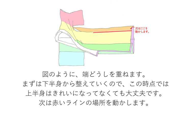 図のように、端どうしを重ねます。まずは下半身から整えていくので、この時点では上半身はきれいになってなくても大丈夫です。次は赤いラインの場所を動かします。