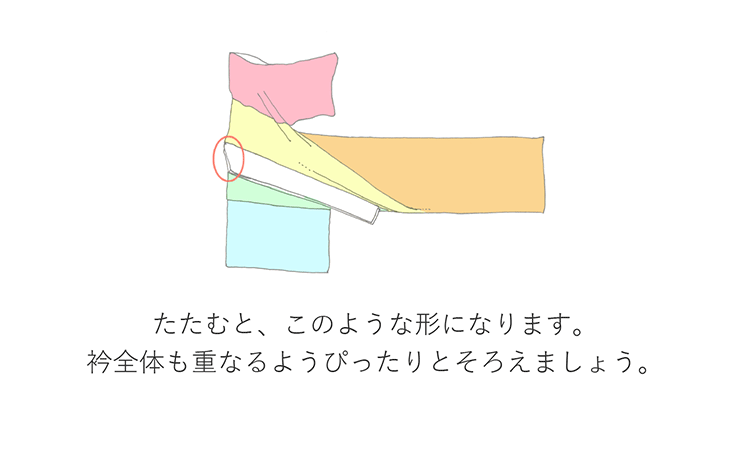 たたむと、このような形になります。衿全体も重なるようぴったりとそろえましょう。